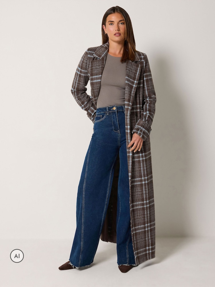 Long Tall Sally Brown Check Print Maxi Coat - Image 1 of 6 Long Tall Sally Brown Check Print Maxi Coat - Image 1 of 6