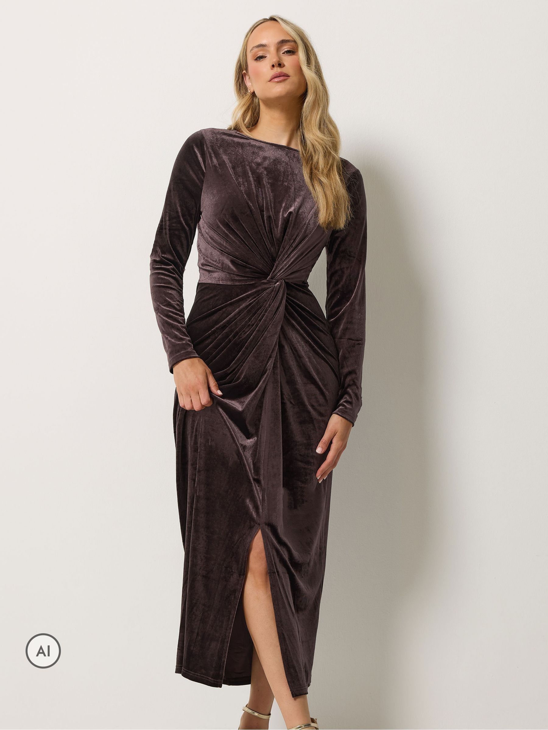 Long Tall Sally Women's Brown Tall Twist Front Velvet Maxi Dress In | Size: 8 - Image 3