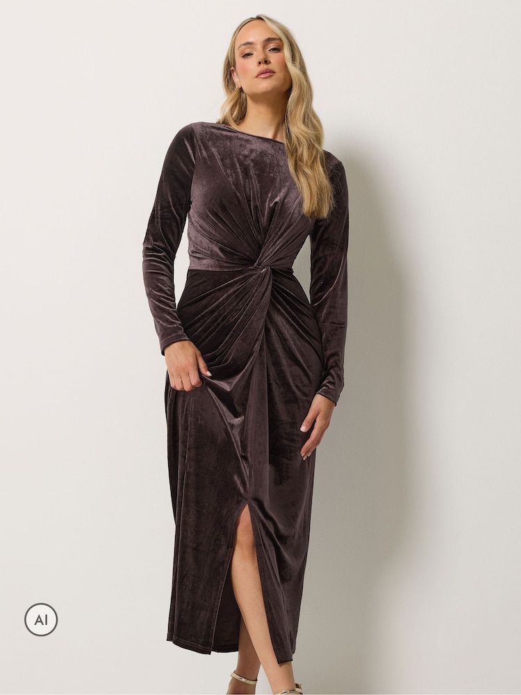 Long Tall Sally Brown Twist Front Velvet Maxi Dress - Image 1 of 6 Long Tall Sally Brown Twist Front Velvet Maxi Dress - Image 1 of 6