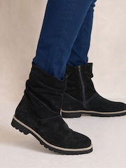 Evans Black Wide Fit Suede Ruched Ankle Boots - Image 1 of 5