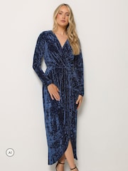 Long Tall Sally Blue Crushed Velvet Wrap Midi Dress - Image 1 of 6