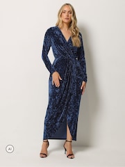 Long Tall Sally Blue Crushed Velvet Wrap Midi Dress - Image 2 of 6