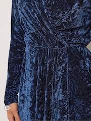 Long Tall Sally Blue Crushed Velvet Wrap Midi Dress - Image 4 of 6