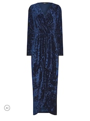 Long Tall Sally Blue Crushed Velvet Wrap Midi Dress - Image 5 of 6
