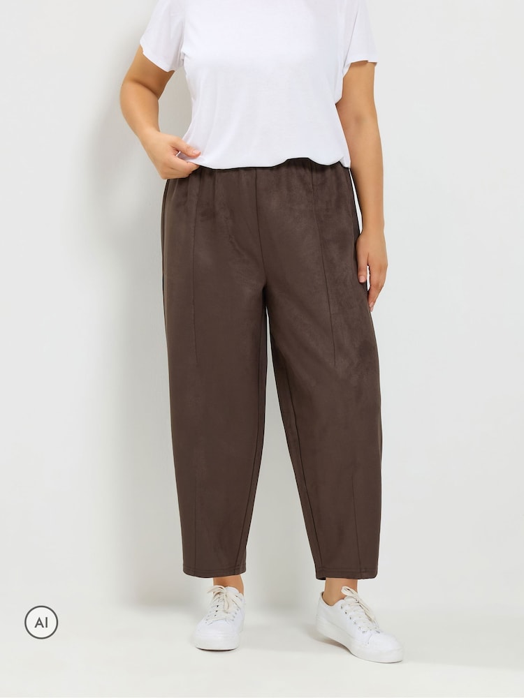 Yours Curve Brown Faux Suede Barrel Leg Trousers - Image 1 of 6 Yours Curve Brown Faux Suede Barrel Leg Trousers - Image 1 of 6