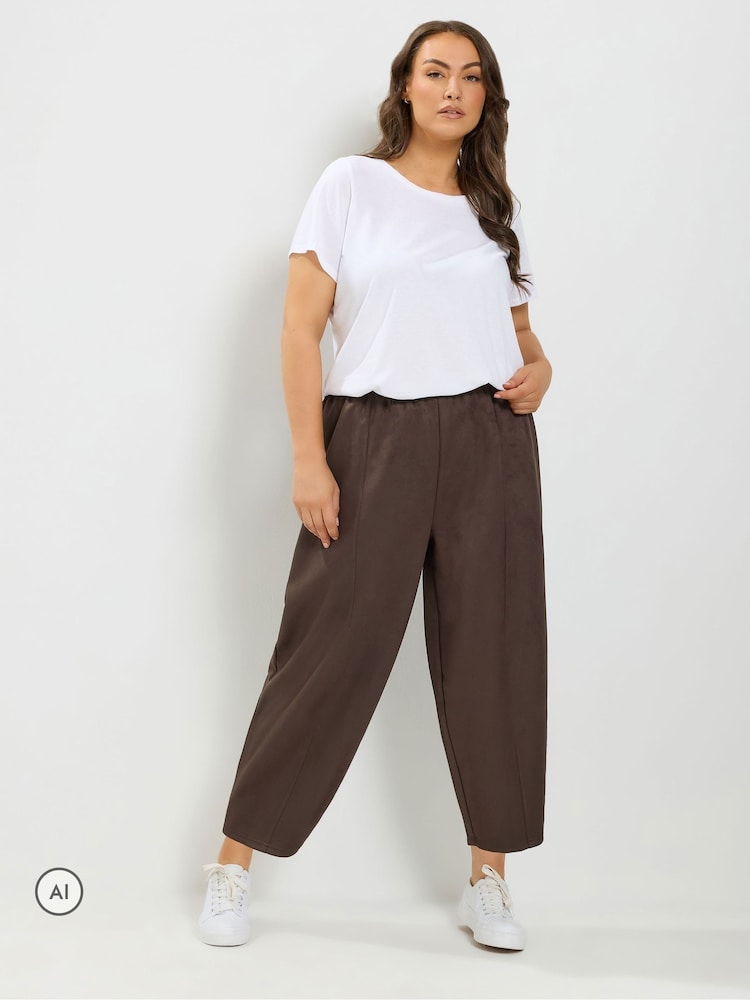 Yours Curve Brown Faux Suede Barrel Leg Trousers - Image 2 of 6 Yours Curve Brown Faux Suede Barrel Leg Trousers - Image 2 of 6
