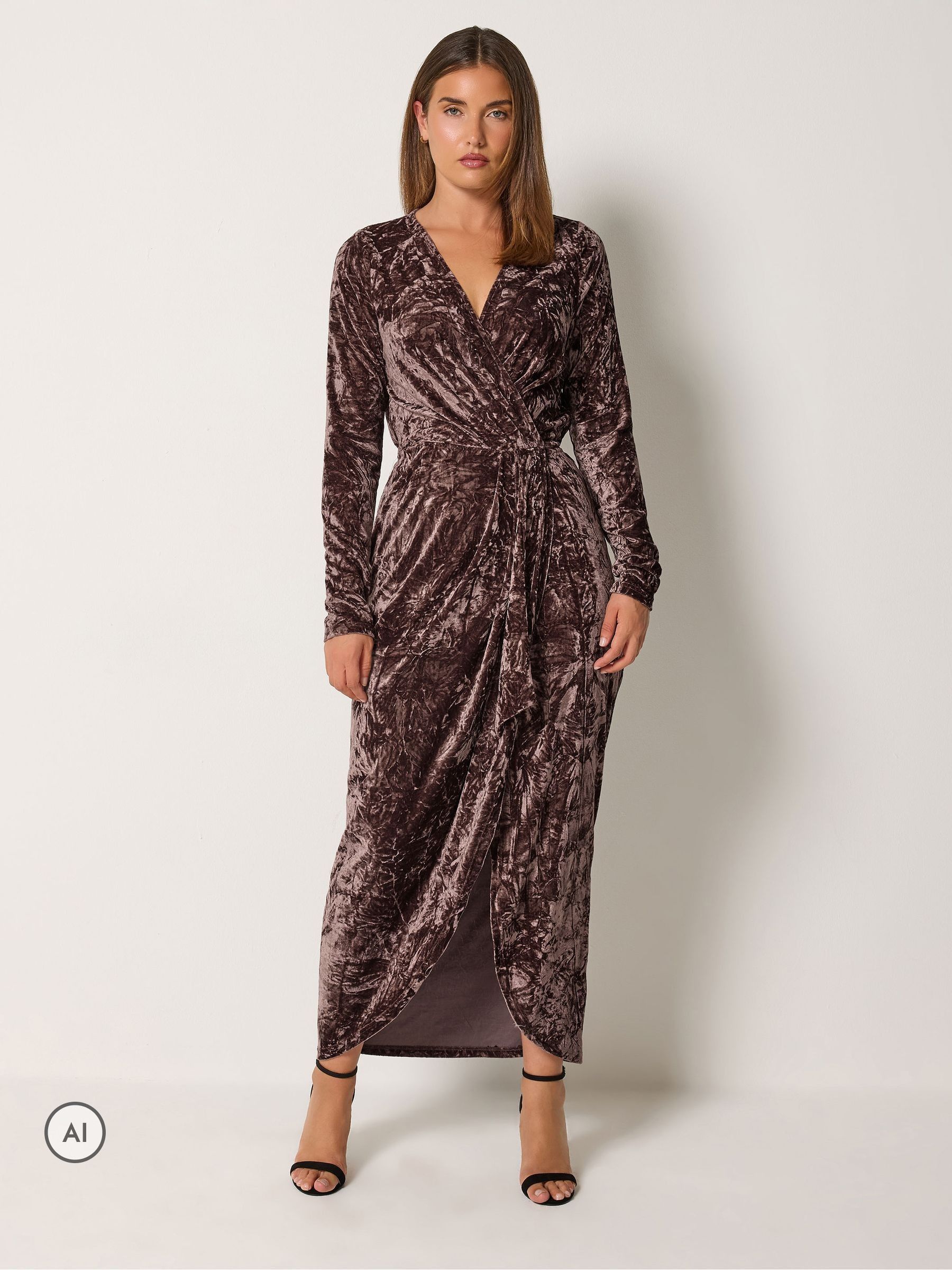 Long Tall Sally Women's Brown Crushed Velvet Wrap Midi Dress - Image 3