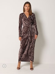 Long Tall Sally Brown Crushed Velvet Wrap Midi Dress - Image 1 of 6