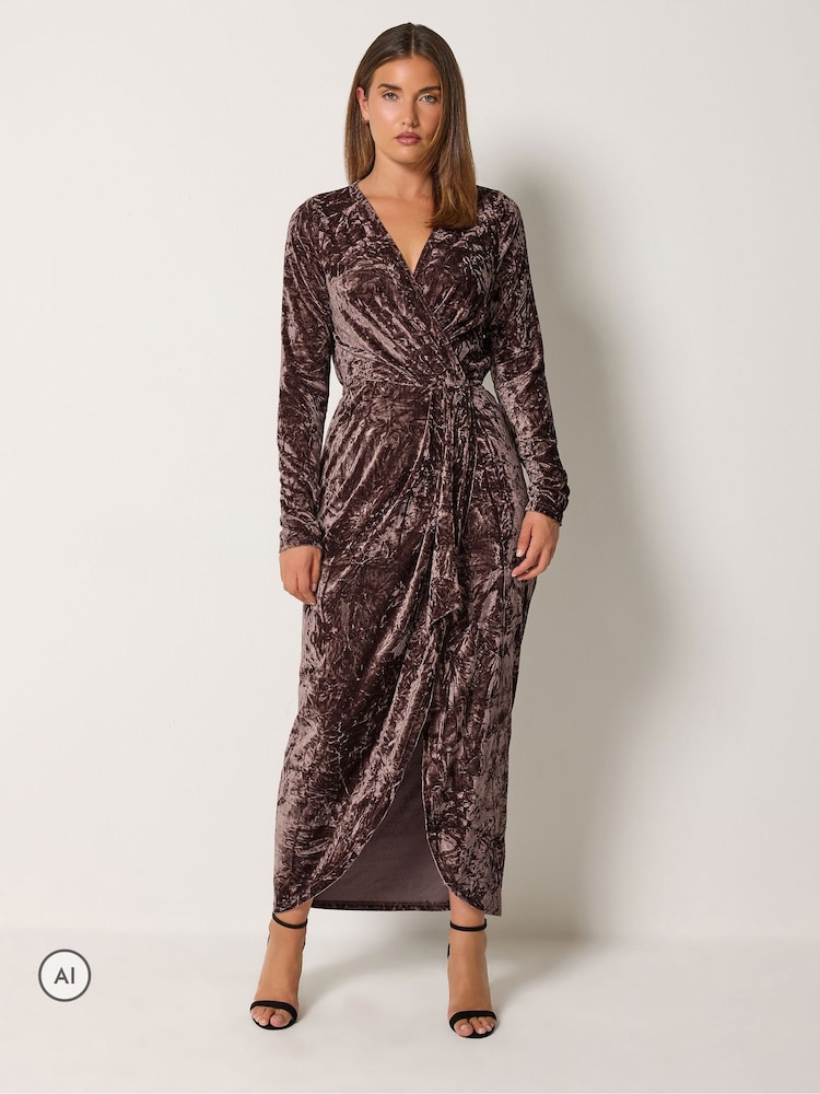 Long Tall Sally Brown Crushed Velvet Wrap Midi Dress - Image 1 of 6 Long Tall Sally Brown Crushed Velvet Wrap Midi Dress - Image 1 of 6