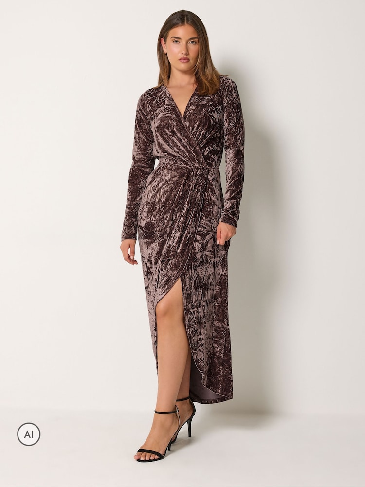 Long Tall Sally Brown Crushed Velvet Wrap Midi Dress - Image 2 of 6 Long Tall Sally Brown Crushed Velvet Wrap Midi Dress - Image 2 of 6