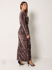 Long Tall Sally Brown Crushed Velvet Wrap Midi Dress - Image 3 of 6