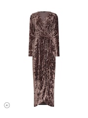 Long Tall Sally Brown Crushed Velvet Wrap Midi Dress - Image 5 of 6