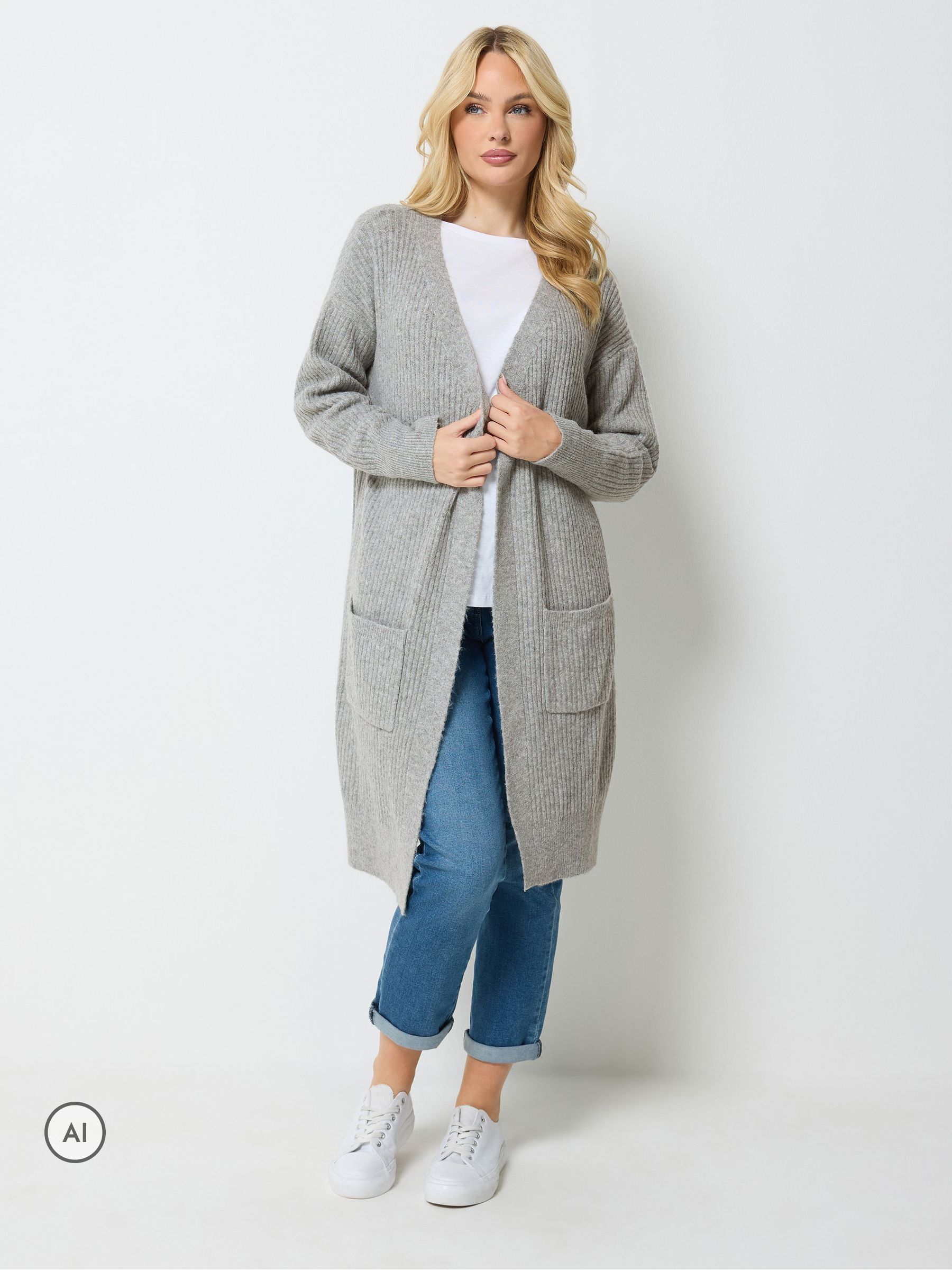 M&Co Women's Light Grey Longline Ribbed Cardigan In | Size: 18/20 - Image 3