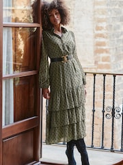 Sosandar Green Khaki Green Spot Print Tiered Hem Midi Shirt Dress - Image 1 of 6