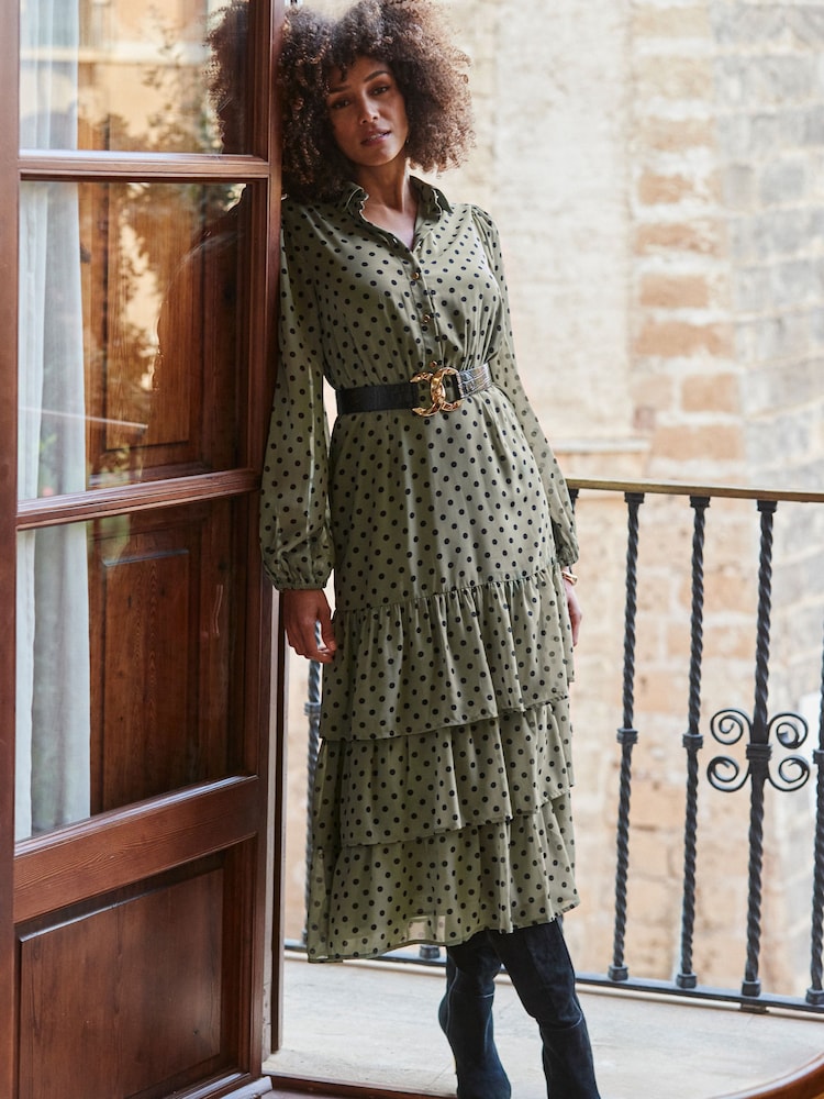 Sosandar Green Khaki Green Spot Print Tiered Hem Midi Shirt Dress - Image 1 of 6