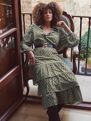 Sosandar Green Khaki Green Spot Print Tiered Hem Midi Shirt Dress - Image 5 of 6