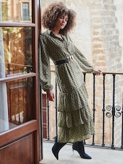 Sosandar Green Khaki Green Spot Print Tiered Hem Midi Shirt Dress - Image 6 of 6