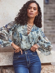 Sosandar Green Leopard Print Lace-Up Blouse - Image 1 of 6