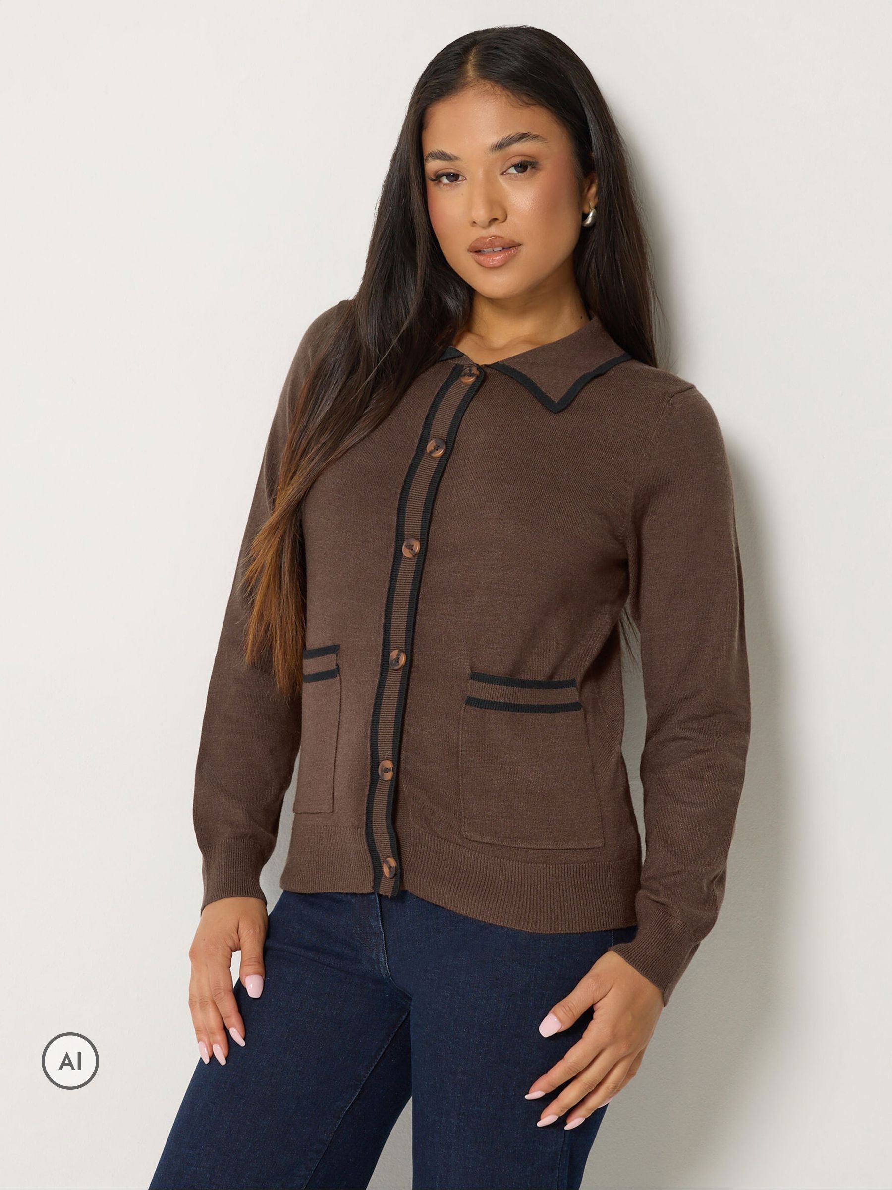 M & Co Women's Brown Petite Tipped Button Through Cardigan - Image 1