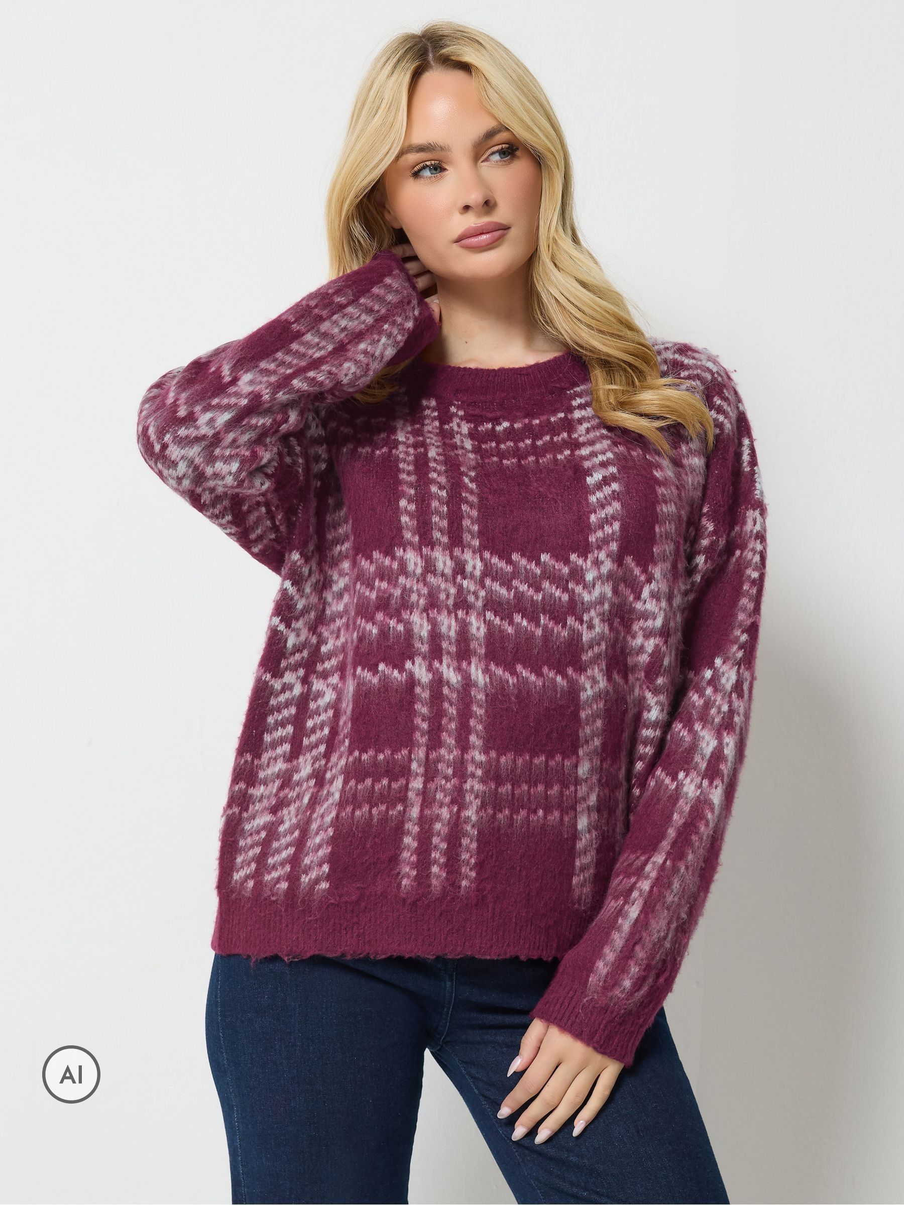 M & Co Women's Purple Brushed Check Jumper - Image 1