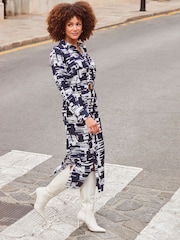 Sosandar Blue Abstract Print Luxe Utility Shirt Dress - Image 4 of 6