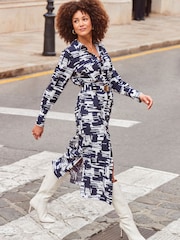 Sosandar Blue Abstract Print Luxe Utility Shirt Dress - Image 5 of 6