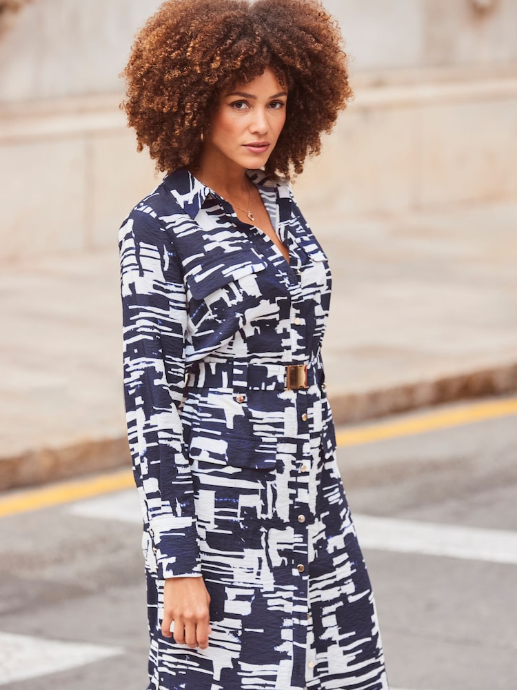 Sosandar Blue Abstract Print Luxe Utility Shirt Dress - Image 6 of 6