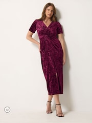 M&Co Red Crushed Velvet Knot Front Dress - Image 1 of 6