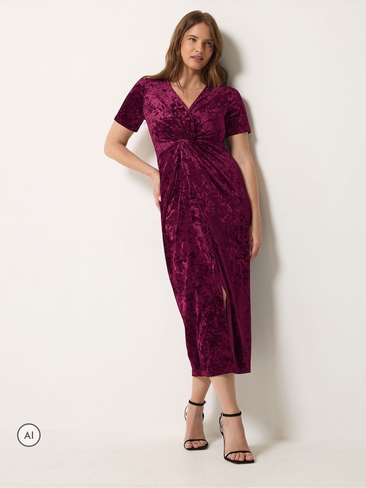 M&Co Red Crushed Velvet Knot Front Dress - Image 1 of 6 M&Co Red Crushed Velvet Knot Front Dress - Image 1 of 6