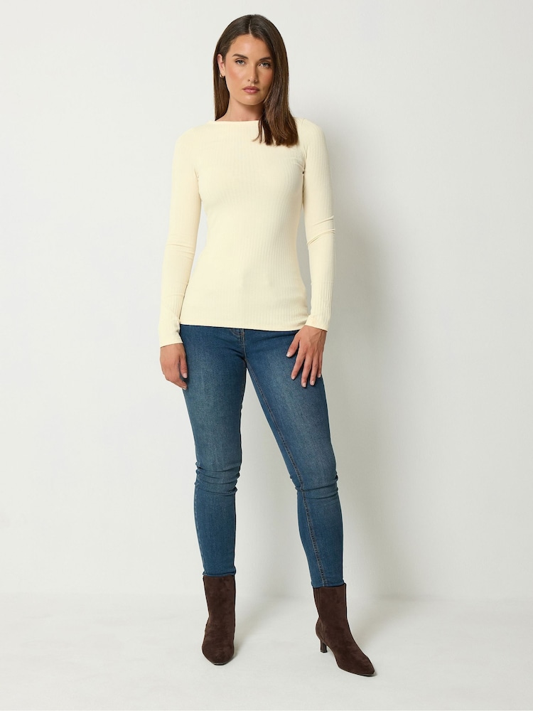 Long Tall Sally Cream Ribbed Boat Neck Top - Image 2 of 6