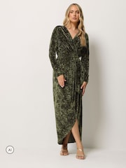Long Tall Sally Green Crushed Velvet Wrap Midi Dress - Image 2 of 6