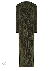 Long Tall Sally Green Crushed Velvet Wrap Midi Dress - Image 5 of 6