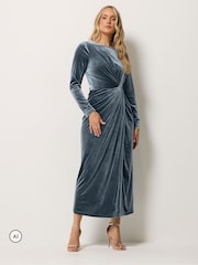 Long Tall Sally Grey Twist Front Velvet Maxi Dress - Image 2 of 6