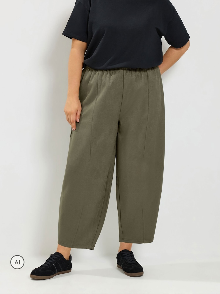 Yours Curve Green Faux Suede Barrel Leg Trousers - Image 1 of 6 Yours Curve Green Faux Suede Barrel Leg Trousers - Image 1 of 6