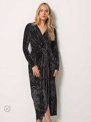 Long Tall Sally Black Crushed Velvet Wrap Midi Dress - Image 1 of 5