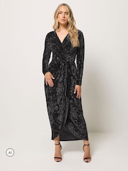Long Tall Sally Black Crushed Velvet Wrap Midi Dress - Image 2 of 5