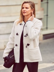 Sosandar White Collarless Super Cosy Borg Coat With Faux Fur Leather Toggle - Image 1 of 6