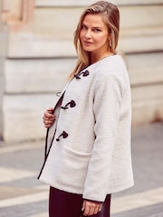 Sosandar White Collarless Super Cosy Borg Coat With Faux Fur Leather Toggle - Image 3 of 6