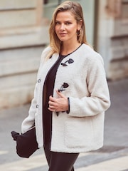Sosandar White Collarless Super Cosy Borg Coat With Faux Fur Leather Toggle - Image 4 of 6