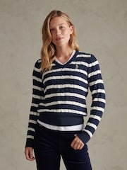 Azul - U.S. Polo Assn. V-Neck Striped Cable Knit Jumper - Imagen 1 de 6