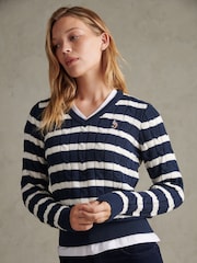 Azul - U.S. Polo Assn. V-Neck Striped Cable Knit Jumper - Imagen 2 de 6