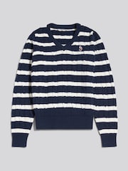 Azul - U.S. Polo Assn. V-Neck Striped Cable Knit Jumper - Imagen 5 de 6