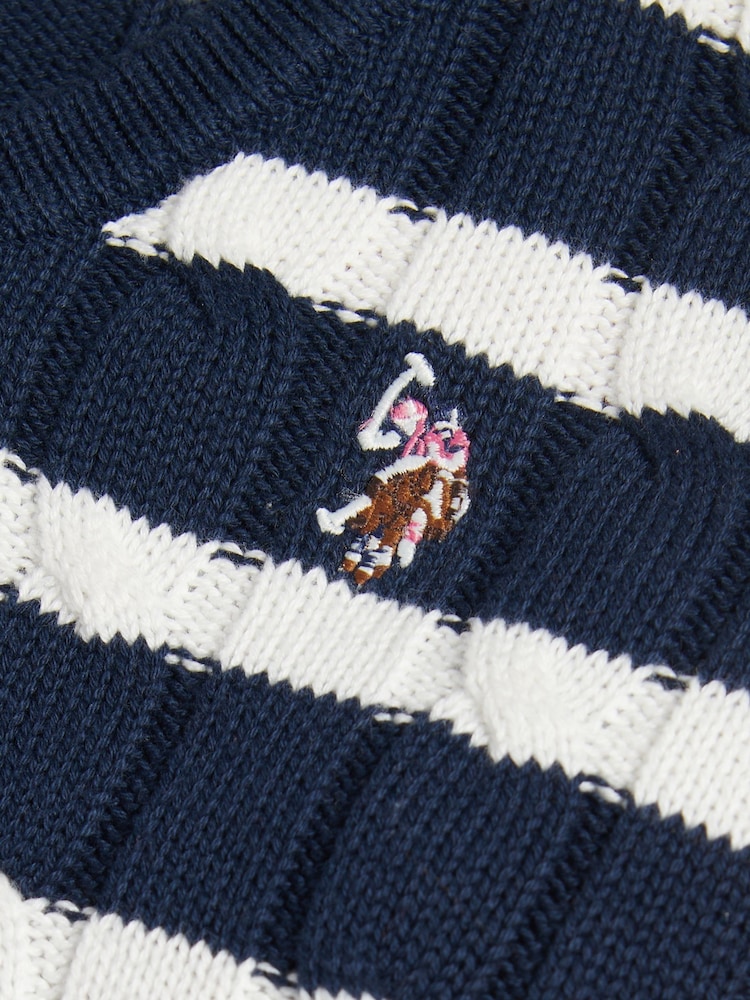 Azul - U.S. Polo Assn. V-Neck Striped Cable Knit Jumper - Imagen 6 de 6