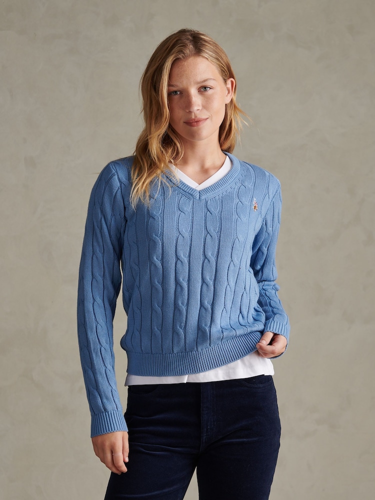 U.S. Polo Assn. Blue V-Neck Cable Knit Jumper - Image 1 of 6