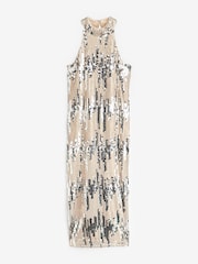 Sosandar Gold Champagne Scatter Sequin Halter Neck Wow Dress - Image 5 of 5