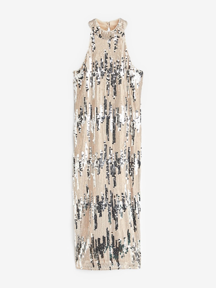 Sosandar Gold Champagne Scatter Sequin Halter Neck Wow Dress - Image 5 of 5