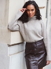 Sosandar Grey Mocha Grey Stitch Detail Roll Neck Jumper - Image 5 of 6