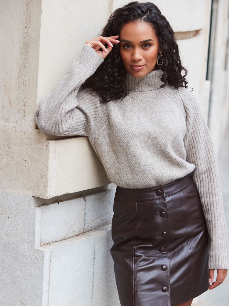 Sosandar Grey Mocha Grey Stitch Detail Roll Neck Jumper - Image 5 of 6
