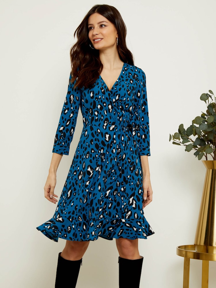 Sosandar Blue Leopard Print Ruffle Hem Wrap Dress - Image 1 of 4