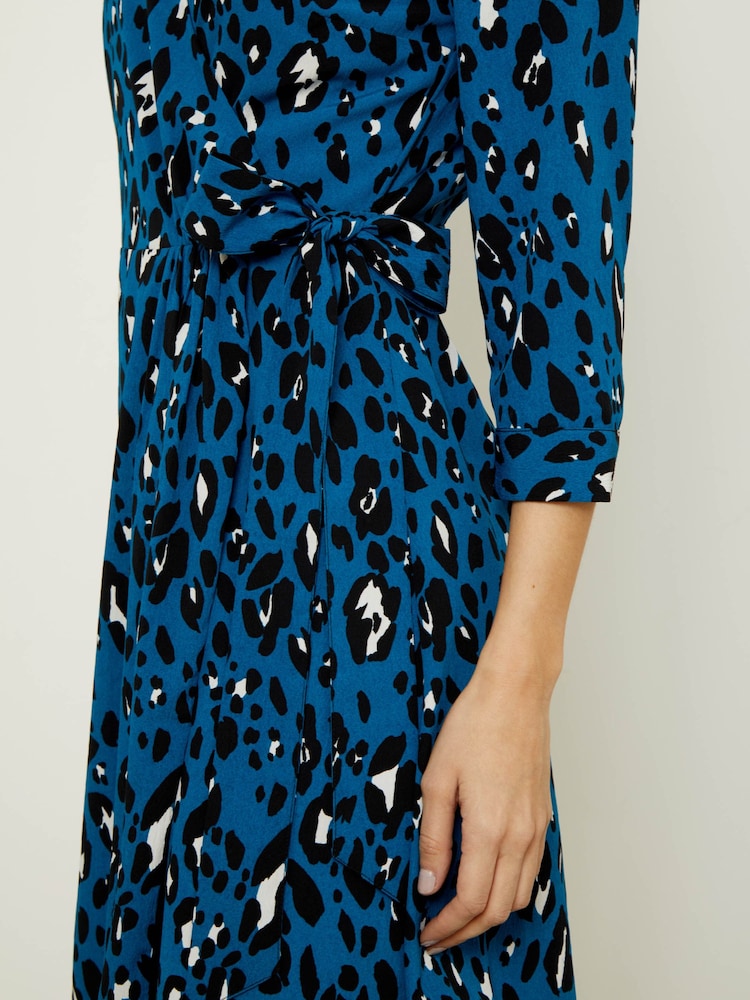 Sosandar Blue Leopard Print Ruffle Hem Wrap Dress - Image 4 of 4